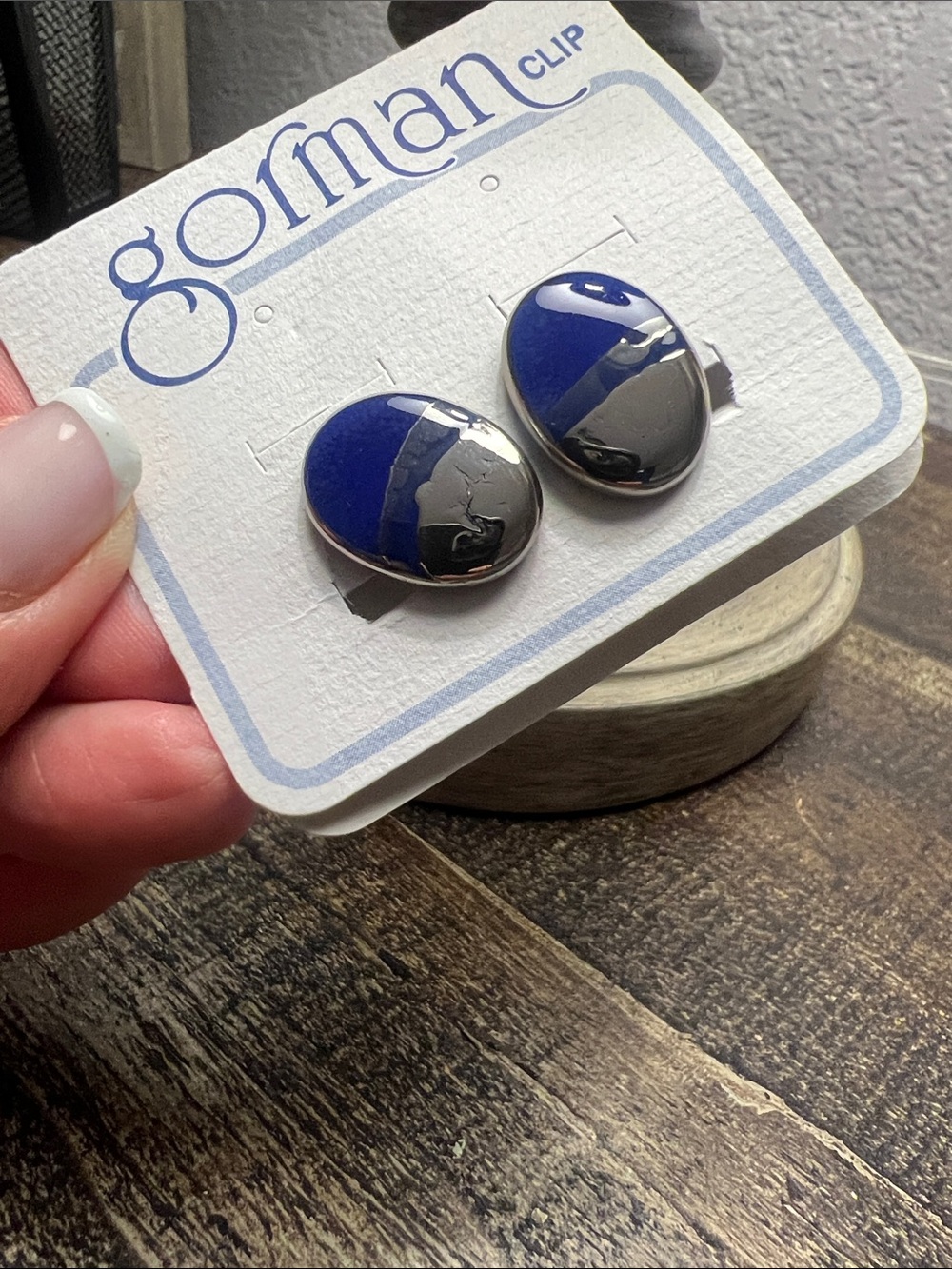 Gorman Clip Cuff Links Blue and Grey Enamel Oval Clip NWT
